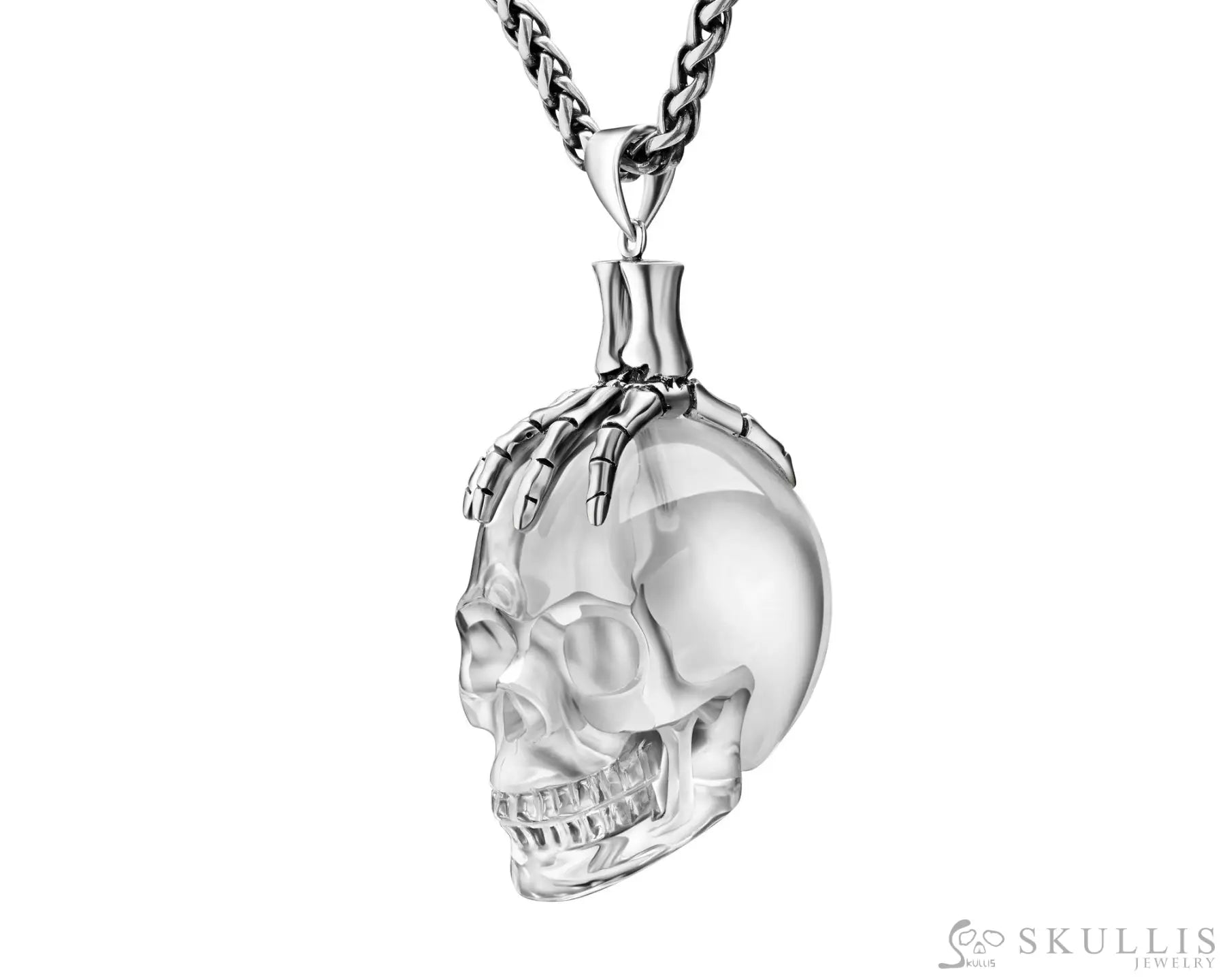 Gem Skull Pendant Necklace Of Quartz Rock Crystal Carved Skull With Skeleton Hand In 925