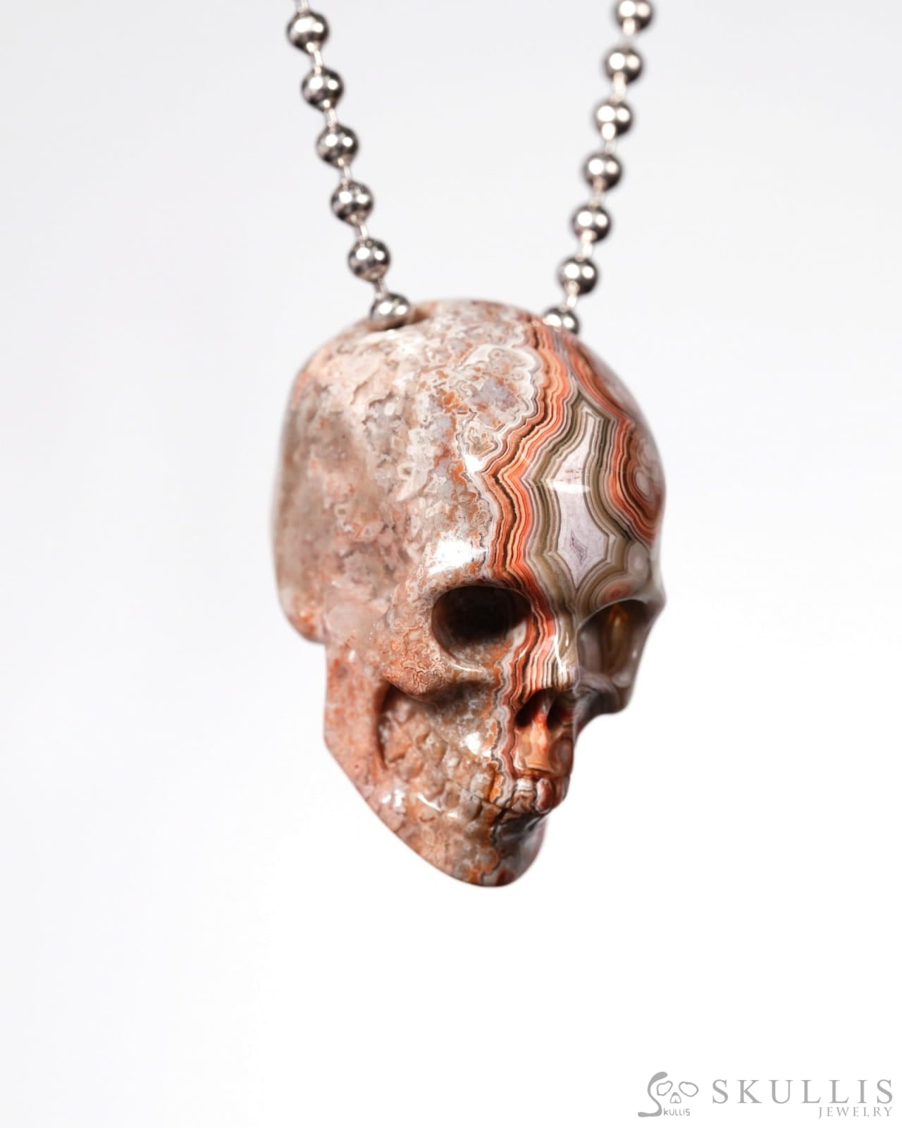 Gem Skull Pendant Necklace of Red Crazy Lace Agate Carved Hollow Skull with 925 Silver Chain - 9900178 Skull Pendants