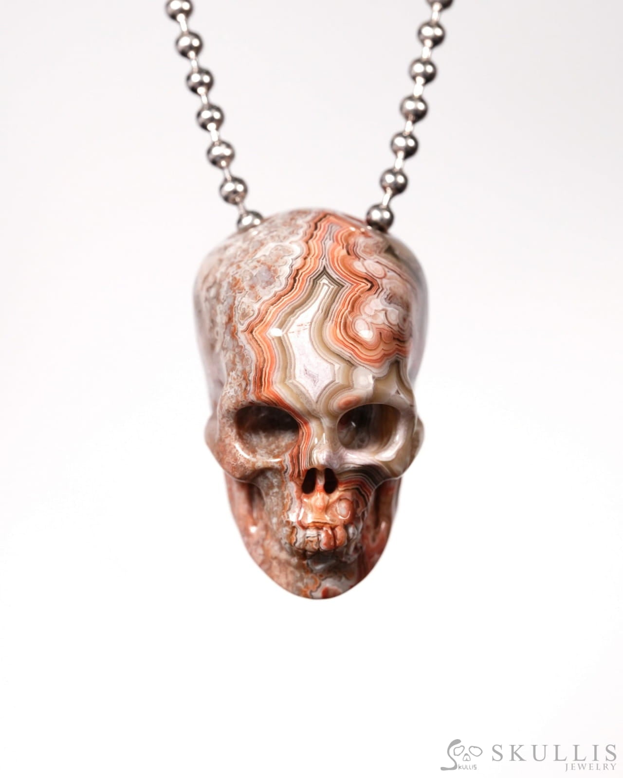 Gem Skull Pendant Necklace of Red Crazy Lace Agate Carved Hollow Skull with 925 Silver Chain - 9900178 Skull Pendants