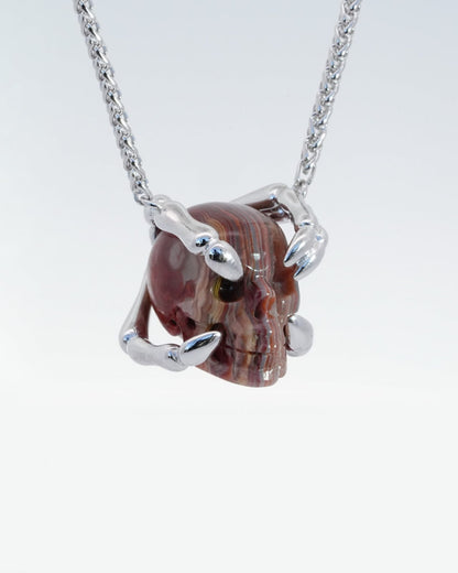 Gem Skull Pendant Necklace Of Red Crazy Lace Agate Carved Skull With Sterling Silver Finger