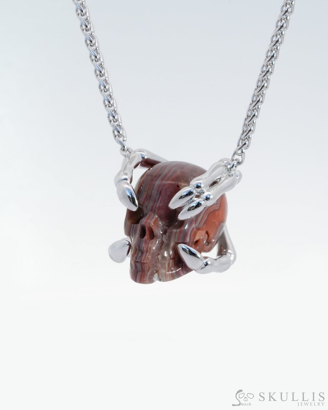 Gem Skull Pendant Necklace Of Red Crazy Lace Agate Carved Skull With Sterling Silver Finger