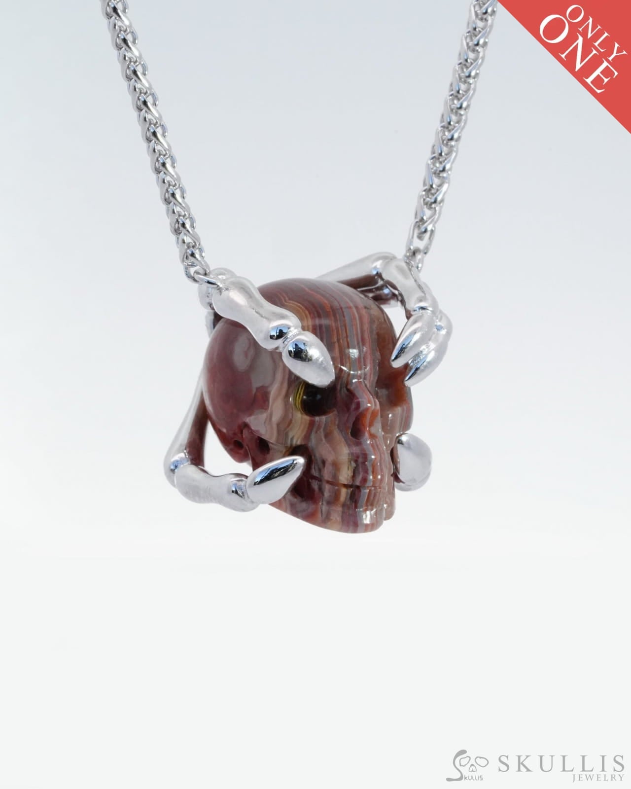 Gem Skull Pendant Necklace Of Red Crazy Lace Agate Carved Skull With Sterling Silver Finger