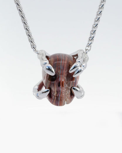 Gem Skull Pendant Necklace Of Red Crazy Lace Agate Carved Skull With Sterling Silver Finger