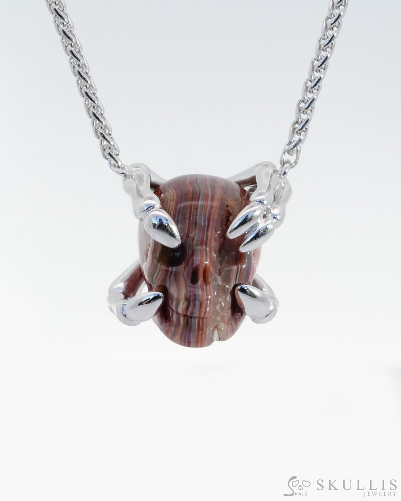 Gem Skull Pendant Necklace Of Red Crazy Lace Agate Carved Skull With Sterling Silver Finger