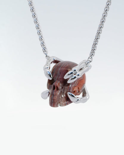 Gem Skull Pendant Necklace Of Red Crazy Lace Agate Carved Skull With Sterling Silver Finger