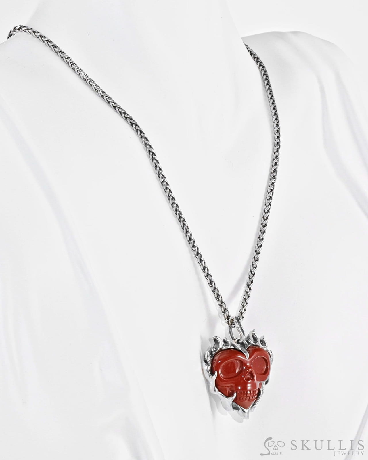 Gem Skull Pendant Necklace of Red Jasper Carved Heart Skull with 925 Sterling Silver Skull Pendants