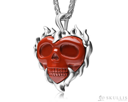 Gem Skull Pendant Necklace of Red Jasper Carved Heart Skull with 925 Sterling Silver Skull Pendants