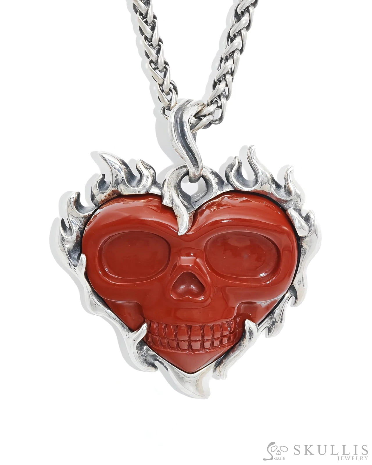Gem Skull Pendant Necklace of Red Jasper Carved Heart Skull with 925 Sterling Silver Skull Pendants