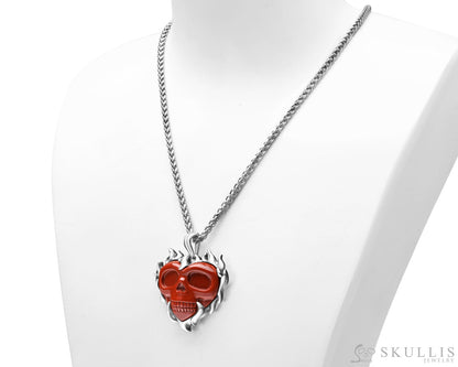 Gem Skull Pendant Necklace of Red Jasper Carved Heart Skull with 925 Sterling Silver Skull Pendants