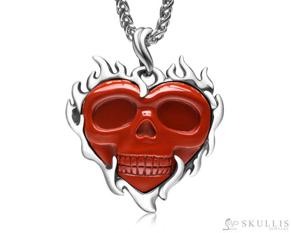 Gem Skull Pendant Necklace of Red Jasper Carved Heart Skull with 925 Sterling Silver Skull Pendants