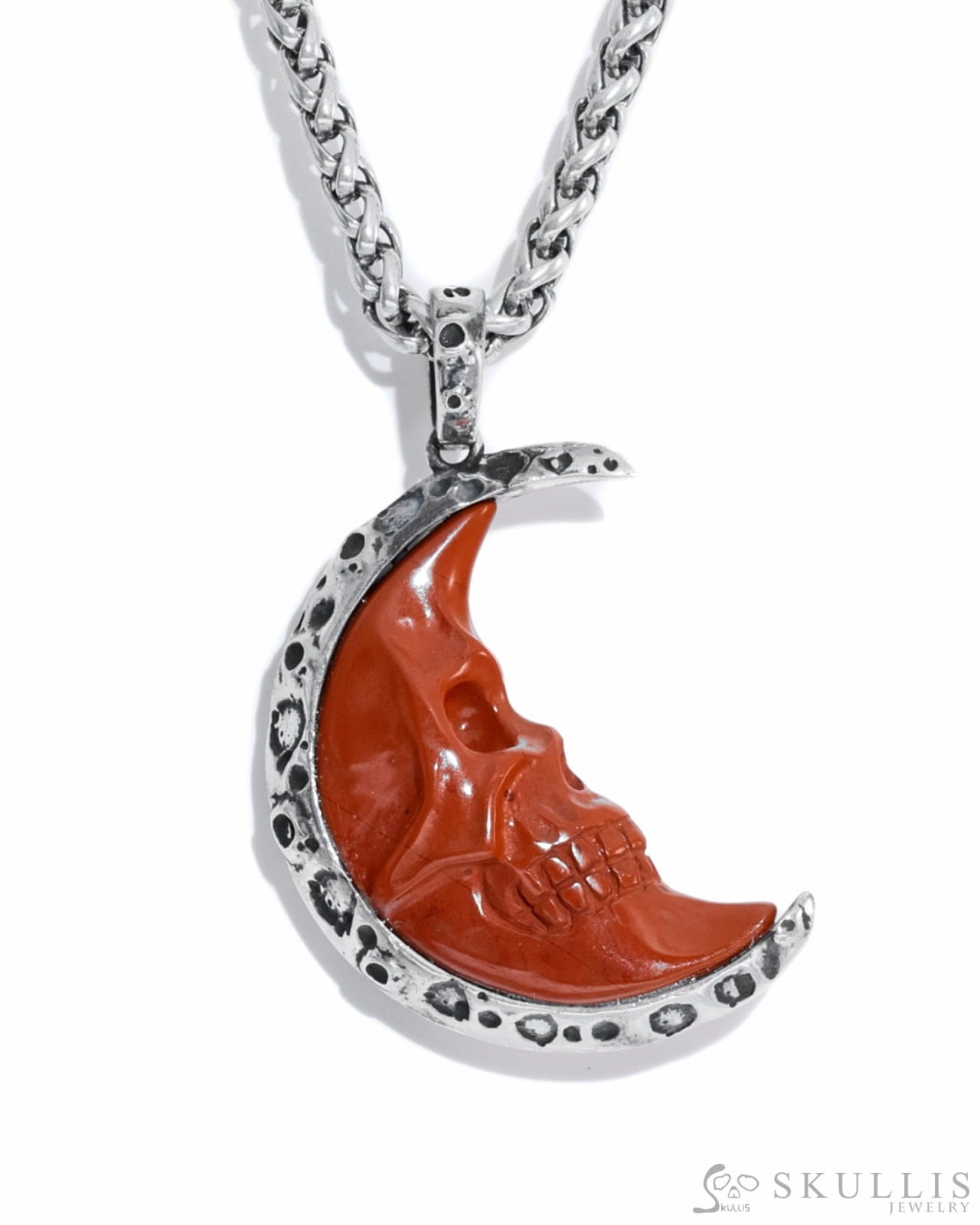 Gem Skull Pendant Necklace of Red Jasper Carved Moon Skull with 925 Sterling Silver Skull Pendants