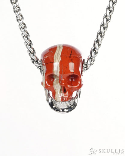 Gem Skull Pendant Necklace of Red Jasper Carved Skull with Detachable Silver Jaw in 925 Sterling Silver - ZR19900190