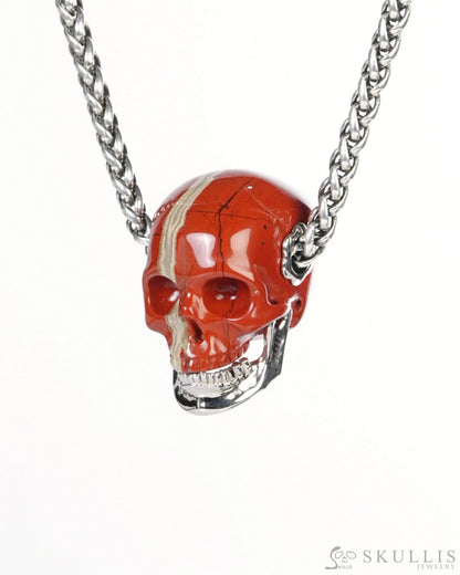 Gem Skull Pendant Necklace of Red Jasper Carved Skull with Detachable Silver Jaw in 925 Sterling Silver - ZR19900190