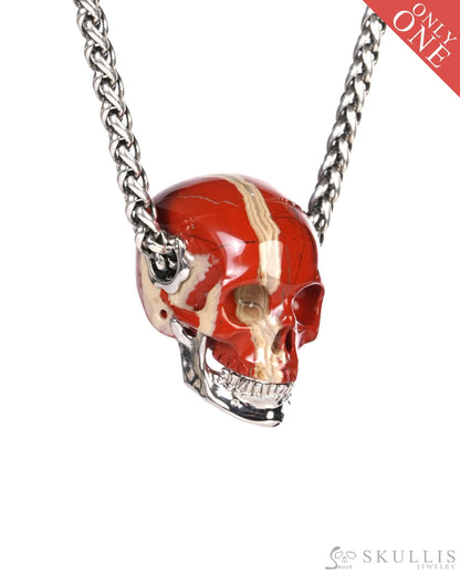 Gem Skull Pendant Necklace of Red Jasper Carved Skull with Detachable Silver Jaw in 925 Sterling Silver - ZR19900190