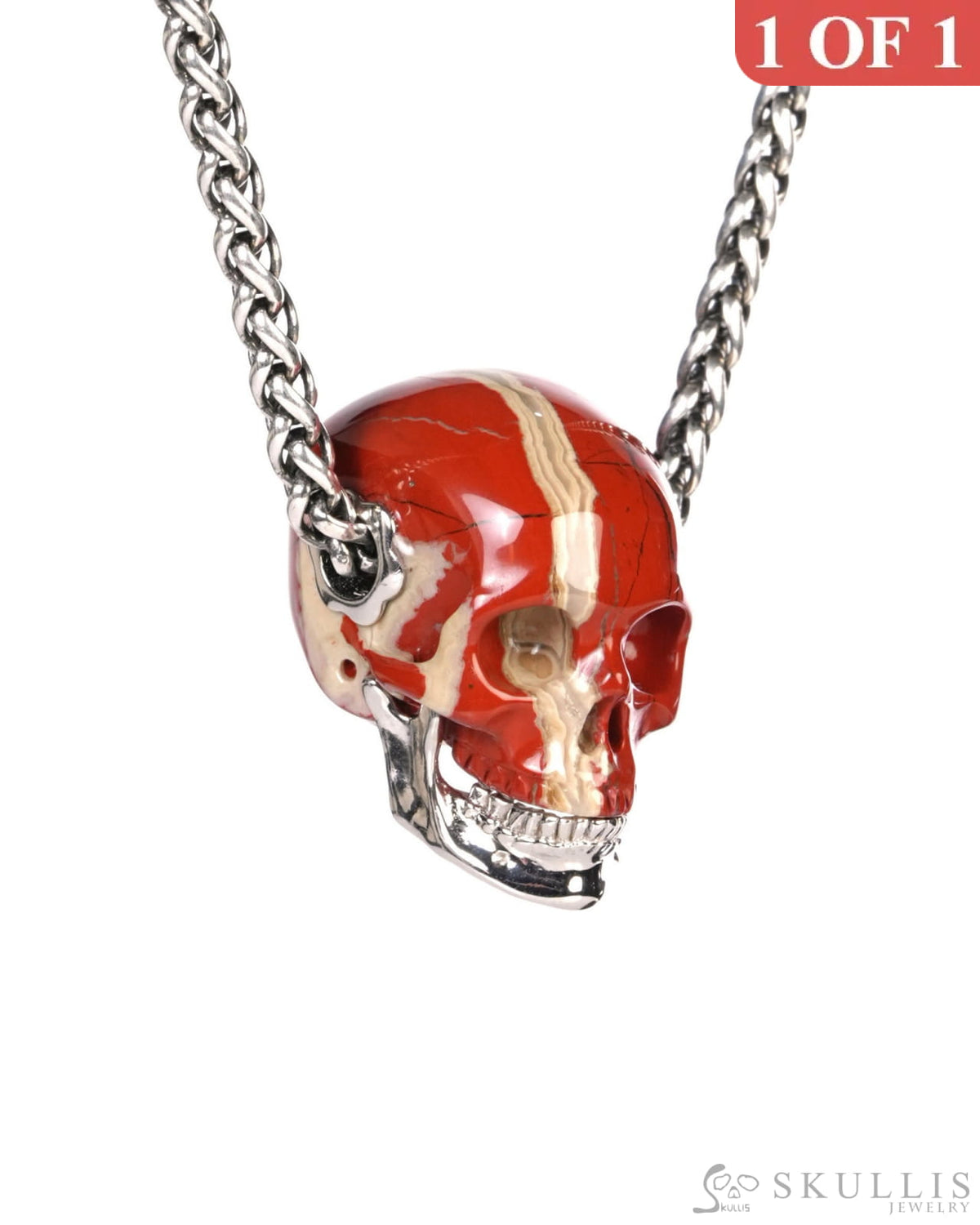 Gem Skull Pendant Necklace of Red Jasper Carved Skull with Detachable Silver Jaw in 925 Sterling Silver - ZR19900190
