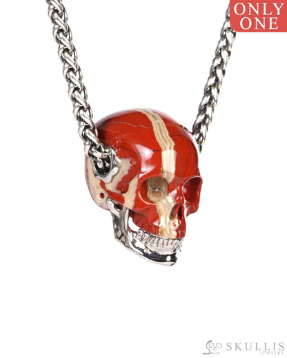 Gem Skull Pendant Necklace of Red Jasper Carved Skull with Detachable Silver Jaw in 925 Sterling Silver - ZR19900190
