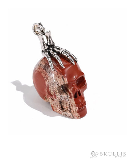 Gem Skull Pendant Necklace Of Red Jasper Crystal Carved Skull With Detachable Silver Jaw In