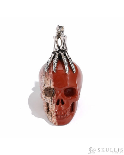 Gem Skull Pendant Necklace Of Red Jasper Crystal Carved Skull With Detachable Silver Jaw In