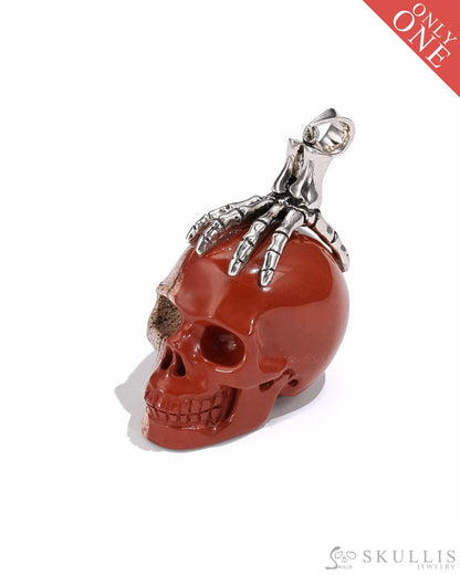 Gem Skull Pendant Necklace Of Red Jasper Crystal Carved Skull With Detachable Silver Jaw In