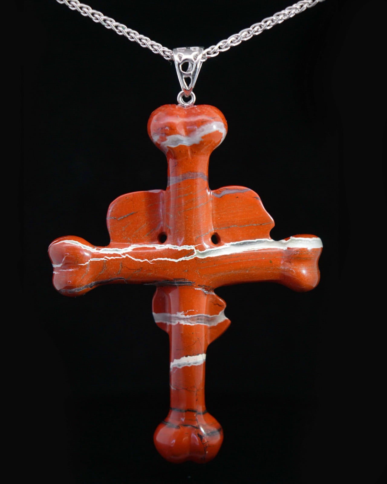 Gem Skull Pendant Necklace of Red Jasper Carved Skull with Trio and Bones Cross - 9500112 Skull Pendants