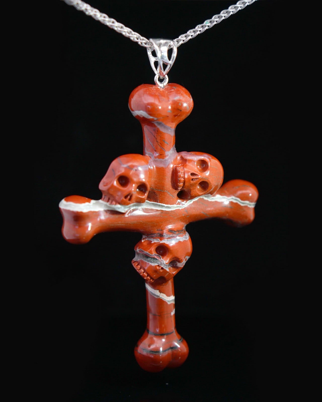 Gem Skull Pendant Necklace of Red Jasper Carved Skull with Trio and Bones Cross - 9500112 Skull Pendants