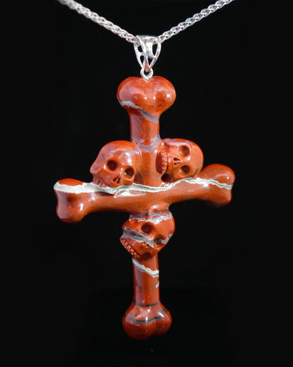 Gem Skull Pendant Necklace of Red Jasper Carved Skull with Trio and Bones Cross - 9500112 Skull Pendants