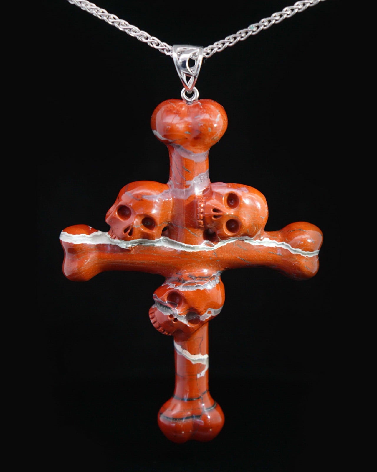 Gem Skull Pendant Necklace of Red Jasper Carved Skull with Trio and Bones Cross - 9500112 Skull Pendants