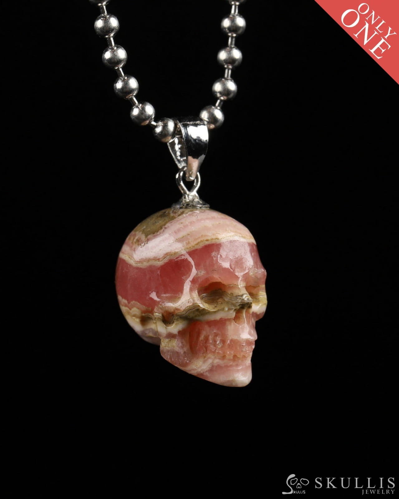 Gem Skull Pendant Necklace Of Rhodochrosite Carved Skull With Silver Bail In Sterling Skull Pendants