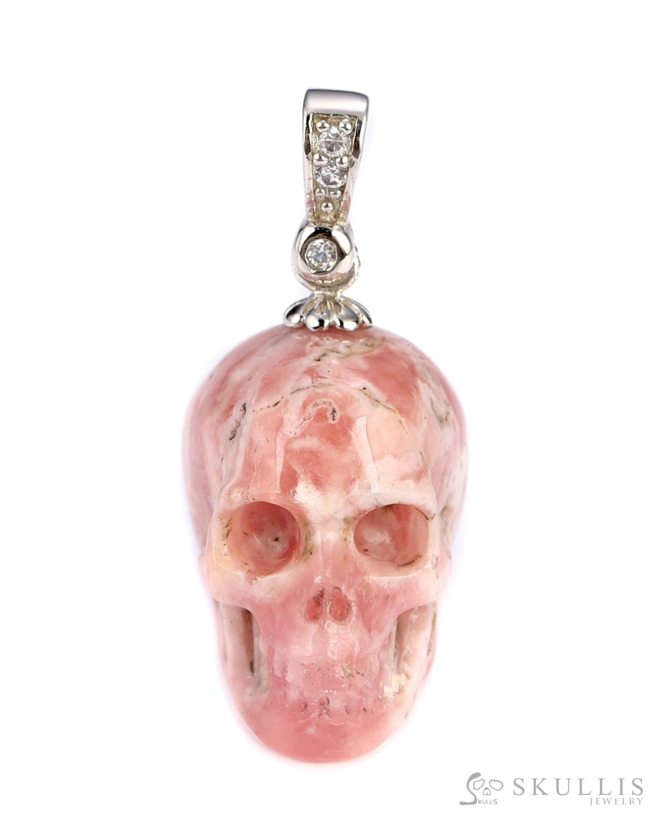 Gem Skull Pendant Necklace Of Rhodochrosite Carved Skull With Silver Bail In Sterling Skull Pendants