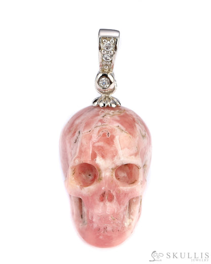 Gem Skull Pendant Necklace Of Rhodochrosite Carved Skull With Silver Bail In Sterling Skull Pendants