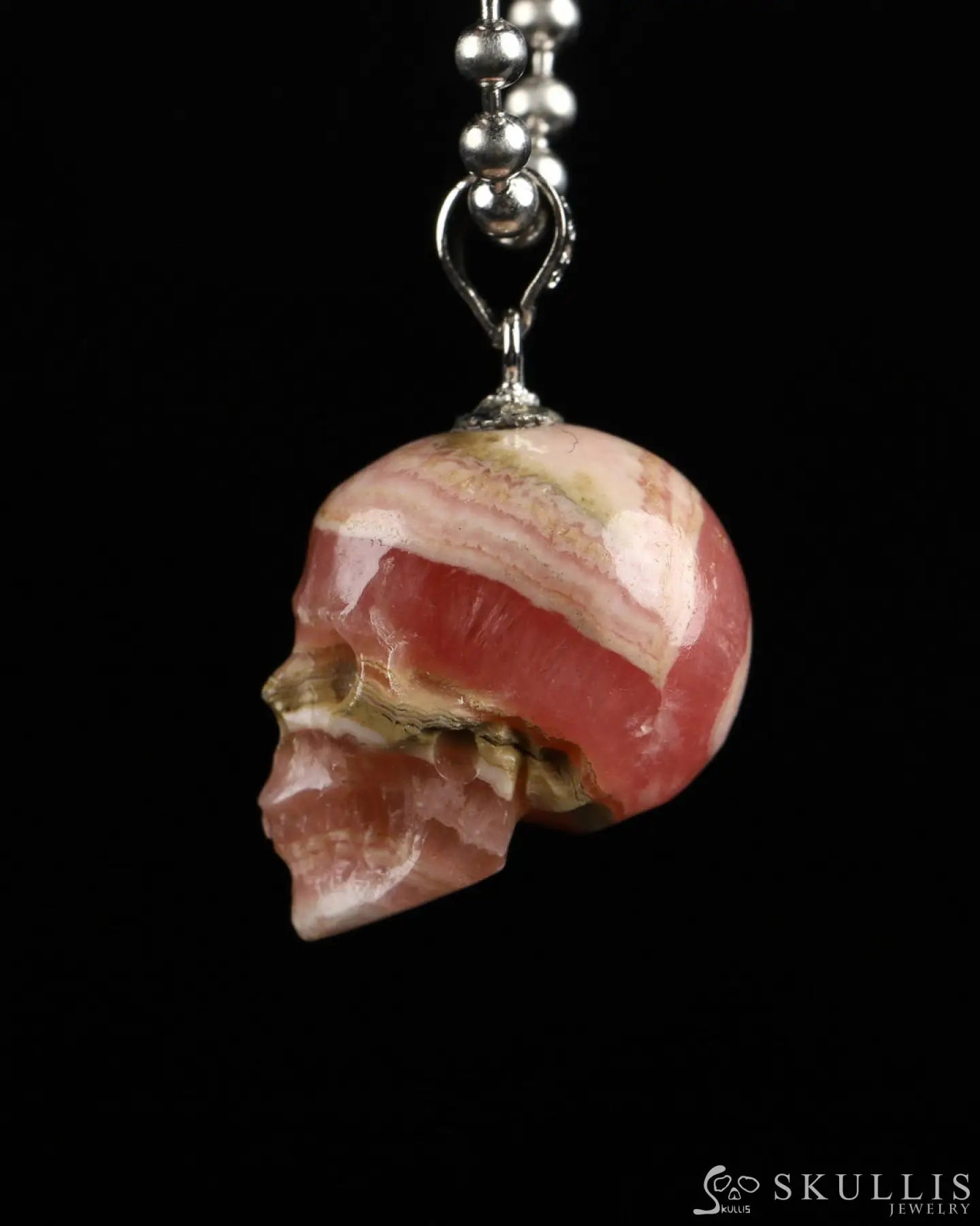 Gem Skull Pendant Necklace Of Rhodochrosite Carved Skull With Silver Bail In Sterling Skull Pendants