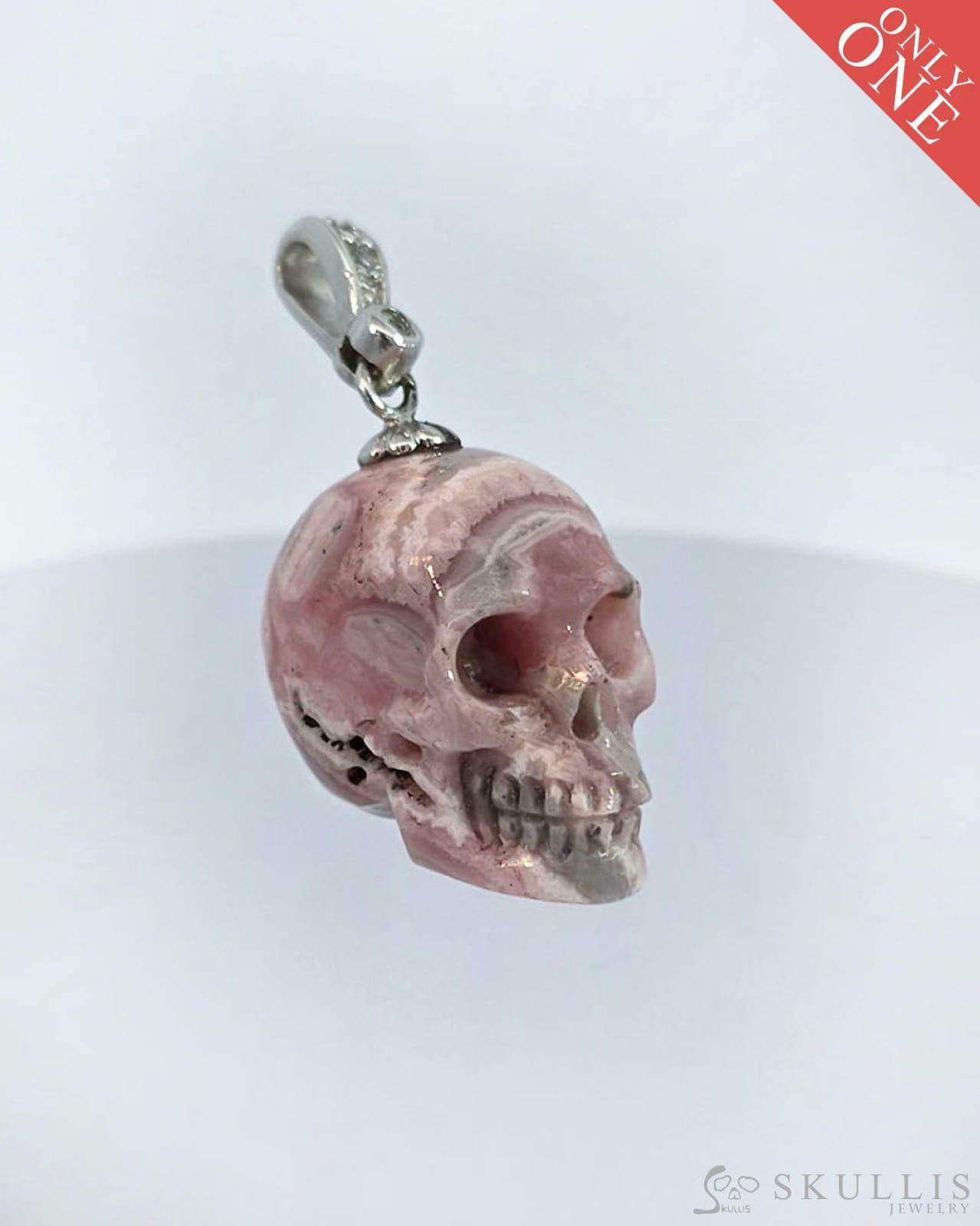Gem Skull Pendant Necklace Of Rhodochrosite Carved Skull With Silver Bail In Sterling Skull Pendants