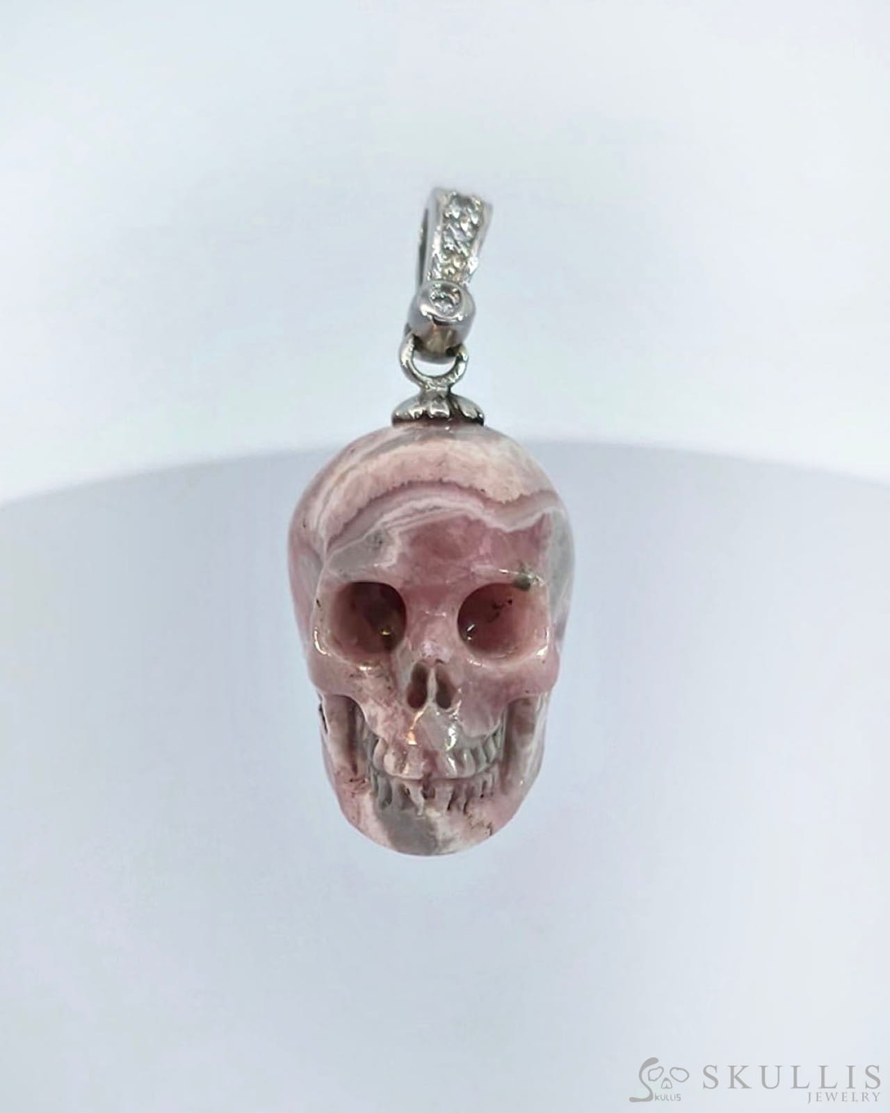 Gem Skull Pendant Necklace Of Rhodochrosite Carved Skull With Silver Bail In Sterling Skull Pendants