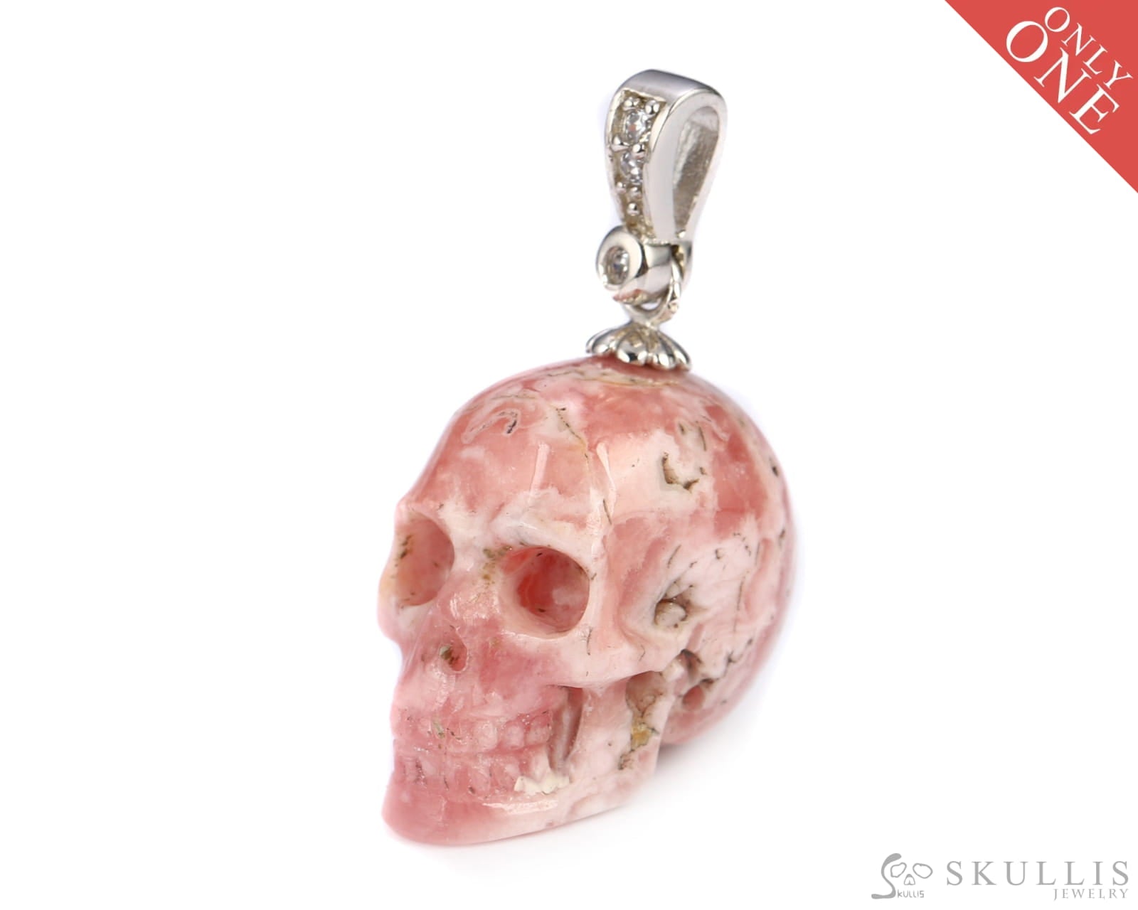 Gem Skull Pendant Necklace Of Rhodochrosite Carved Skull With Silver Bail In Sterling Skull Pendants
