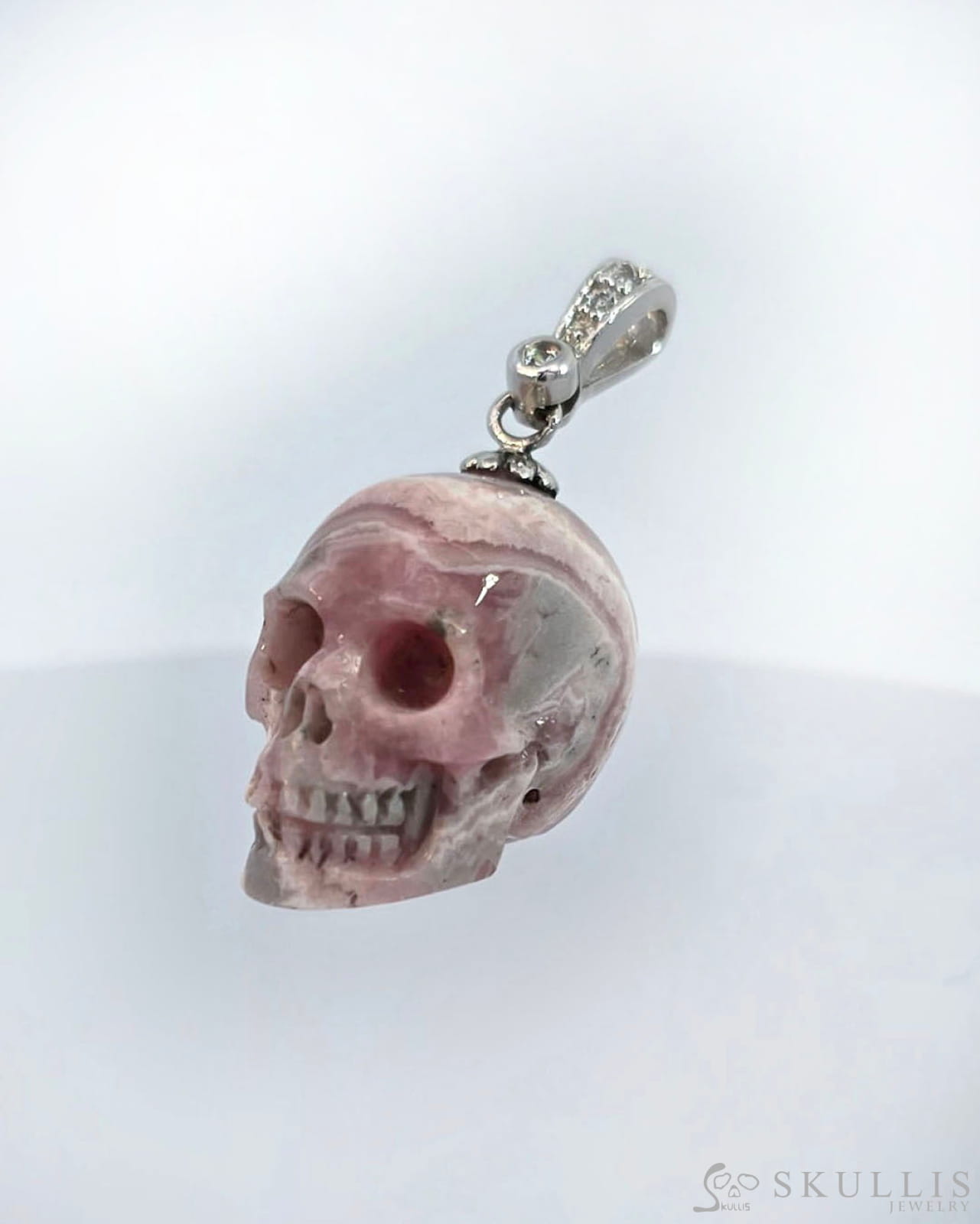 Gem Skull Pendant Necklace Of Rhodochrosite Carved Skull With Silver Bail In Sterling Skull Pendants