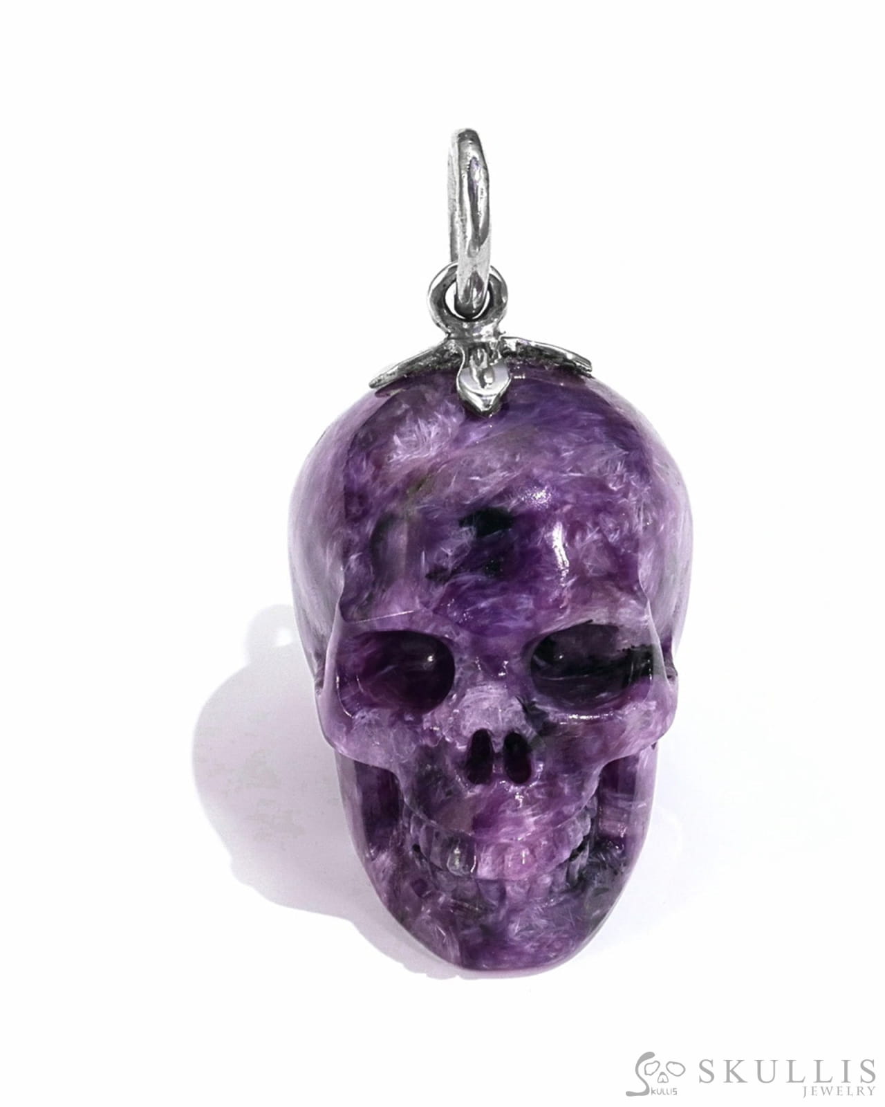 Gem Skull Pendant Necklace Of Russian Charoite Crystal Carved Skull With Detachable Silver