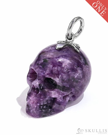 Gem Skull Pendant Necklace Of Russian Charoite Crystal Carved Skull With Detachable Silver