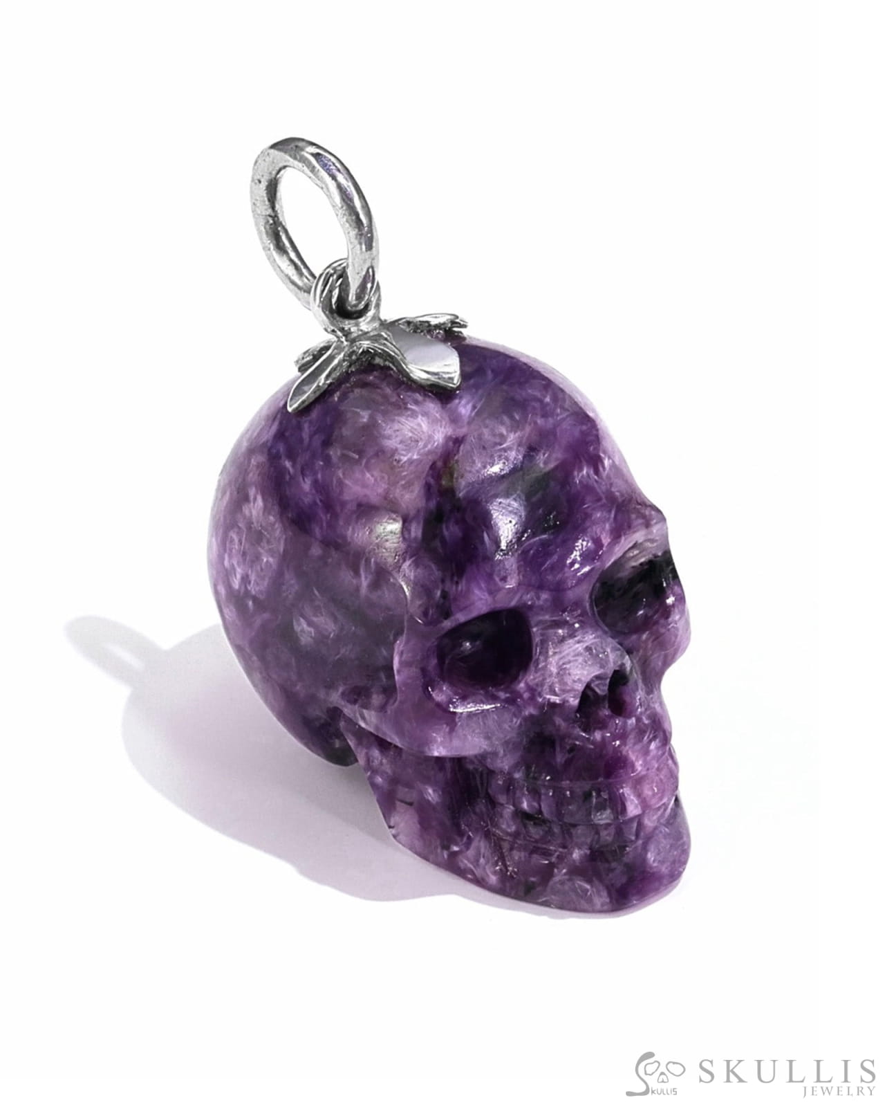 Gem Skull Pendant Necklace Of Russian Charoite Crystal Carved Skull With Detachable Silver