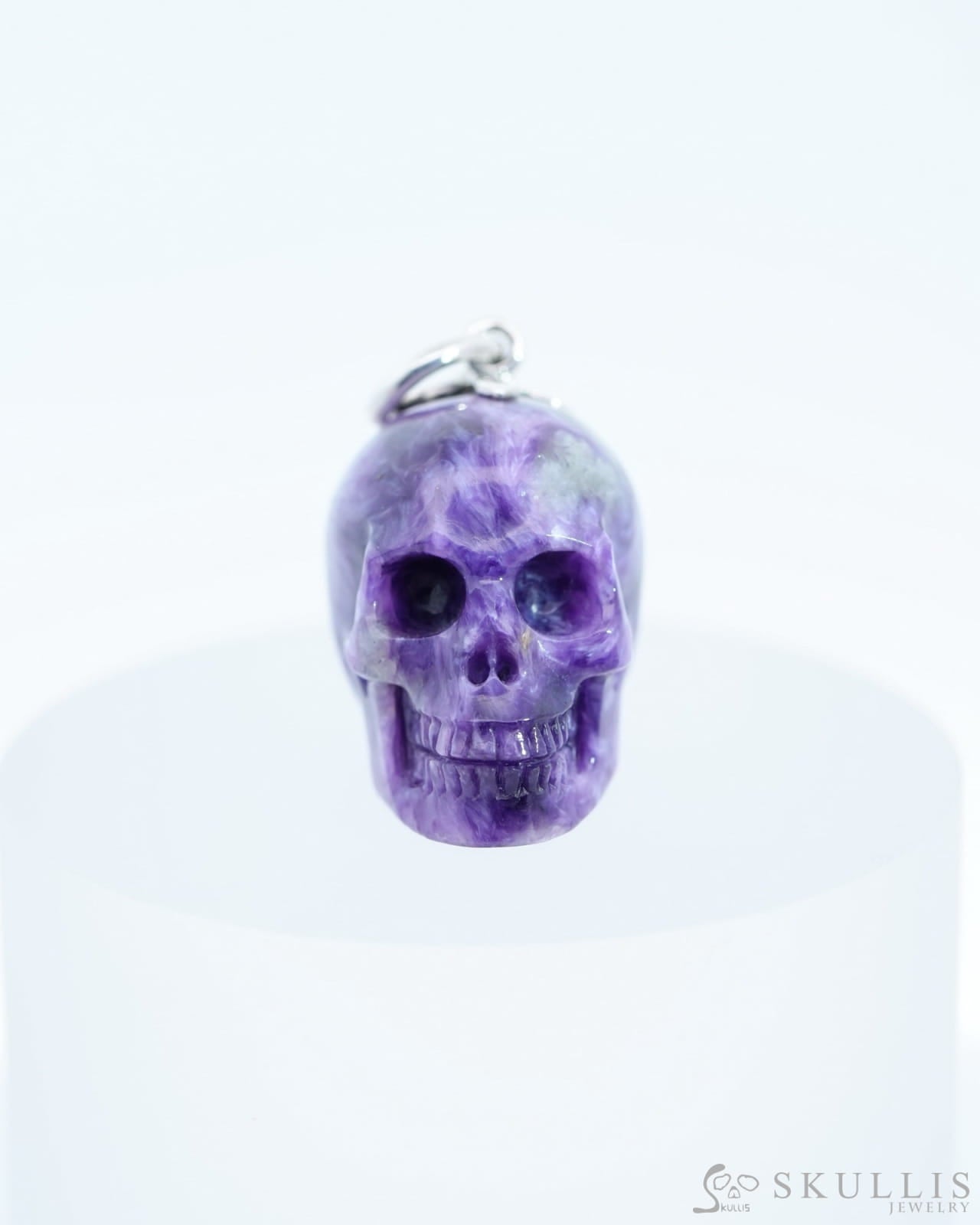 Skullis Signature Russian Charoite Gem Skull Pendant Or Necklace Hand Carved Sterling Silver 925
