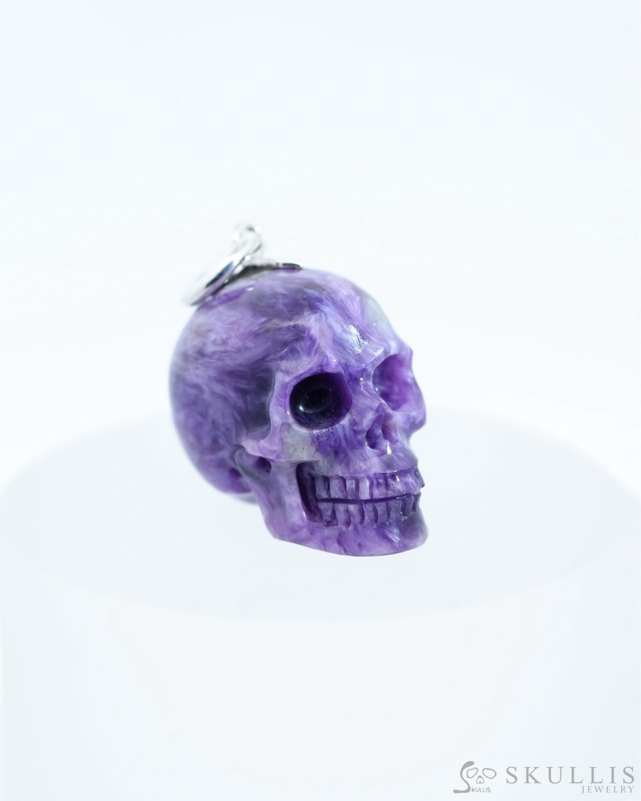 Skullis Signature Russian Charoite Gem Skull Pendant Or Necklace Hand Carved Sterling Silver 925