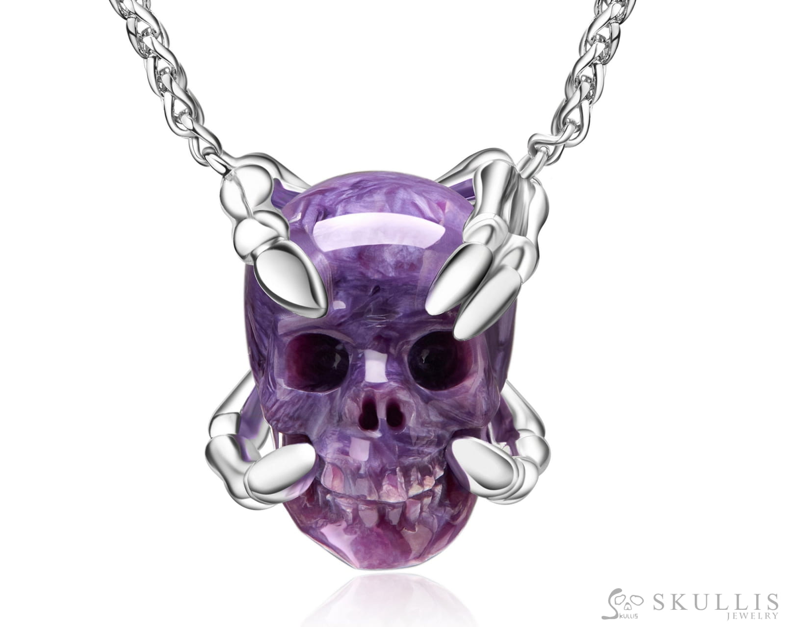 Gem Skull Pendant Necklace Of Russian Charoite Carved Skull With Skeleton Fingers In