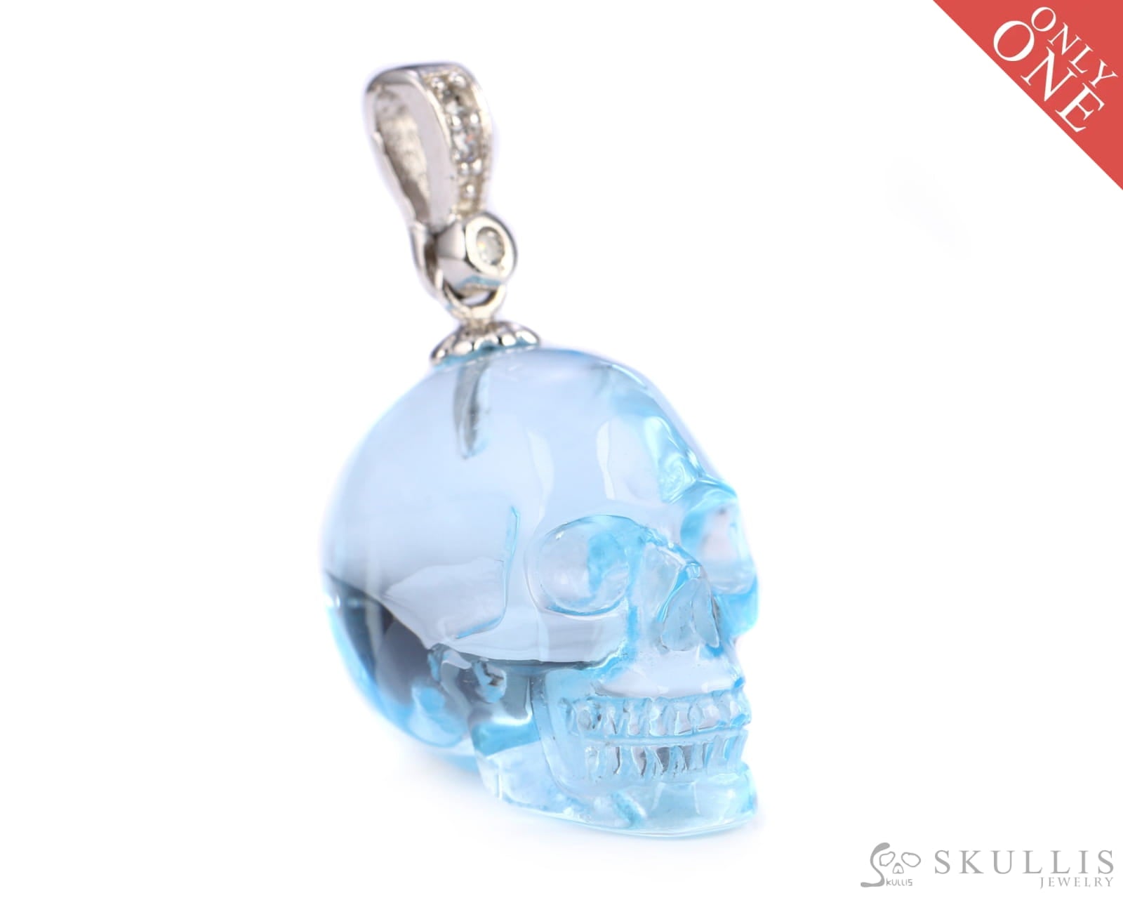 Gem Skull Pendant Necklace Of Sky Blue Topaz Carved Skull With Bail In Sterling Silver