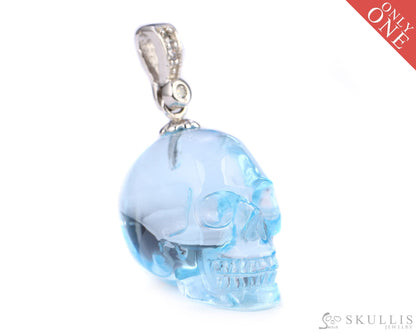 Gem Skull Pendant Necklace Of Sky Blue Topaz Carved Skull With Bail In Sterling Silver