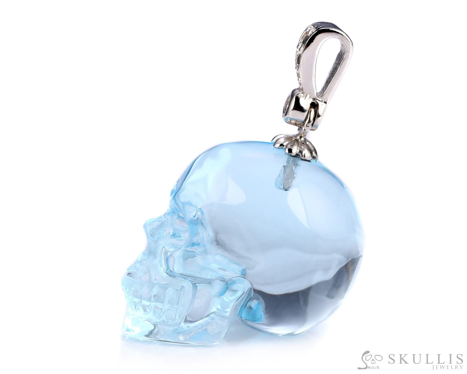 Gem Skull Pendant Necklace Of Sky Blue Topaz Carved Skull With Bail In Sterling Silver