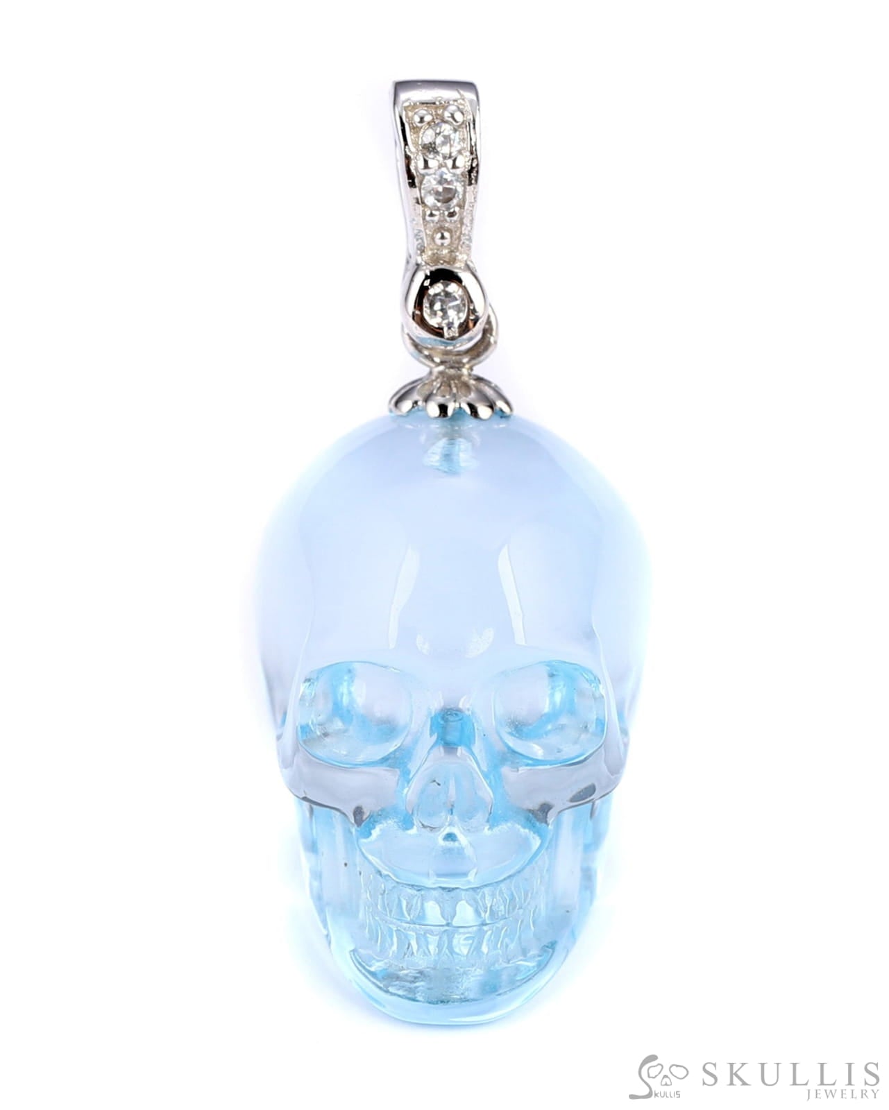 Gem Skull Pendant Necklace Of Sky Blue Topaz Carved Skull With Bail In Sterling Silver