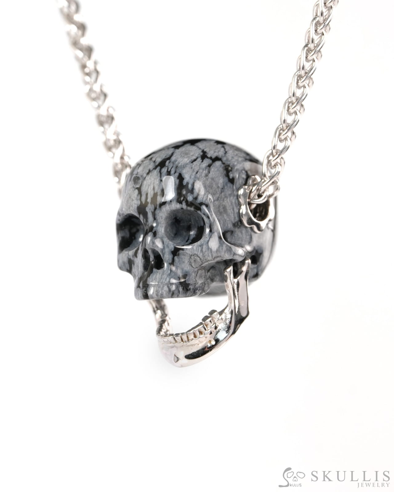 Gem Skull Pendant Necklace of Snowflake Obsidian Hand Carved Skull with Movable Jaw in 925 Sterling Silver - ZR19900146