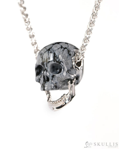 Gem Skull Pendant Necklace of Snowflake Obsidian Hand Carved Skull with Movable Jaw in 925 Sterling Silver - ZR19900146