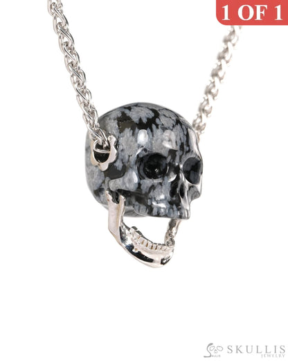 Gem Skull Pendant Necklace of Snowflake Obsidian Hand Carved Skull with Movable Jaw in 925 Sterling Silver - ZR19900146
