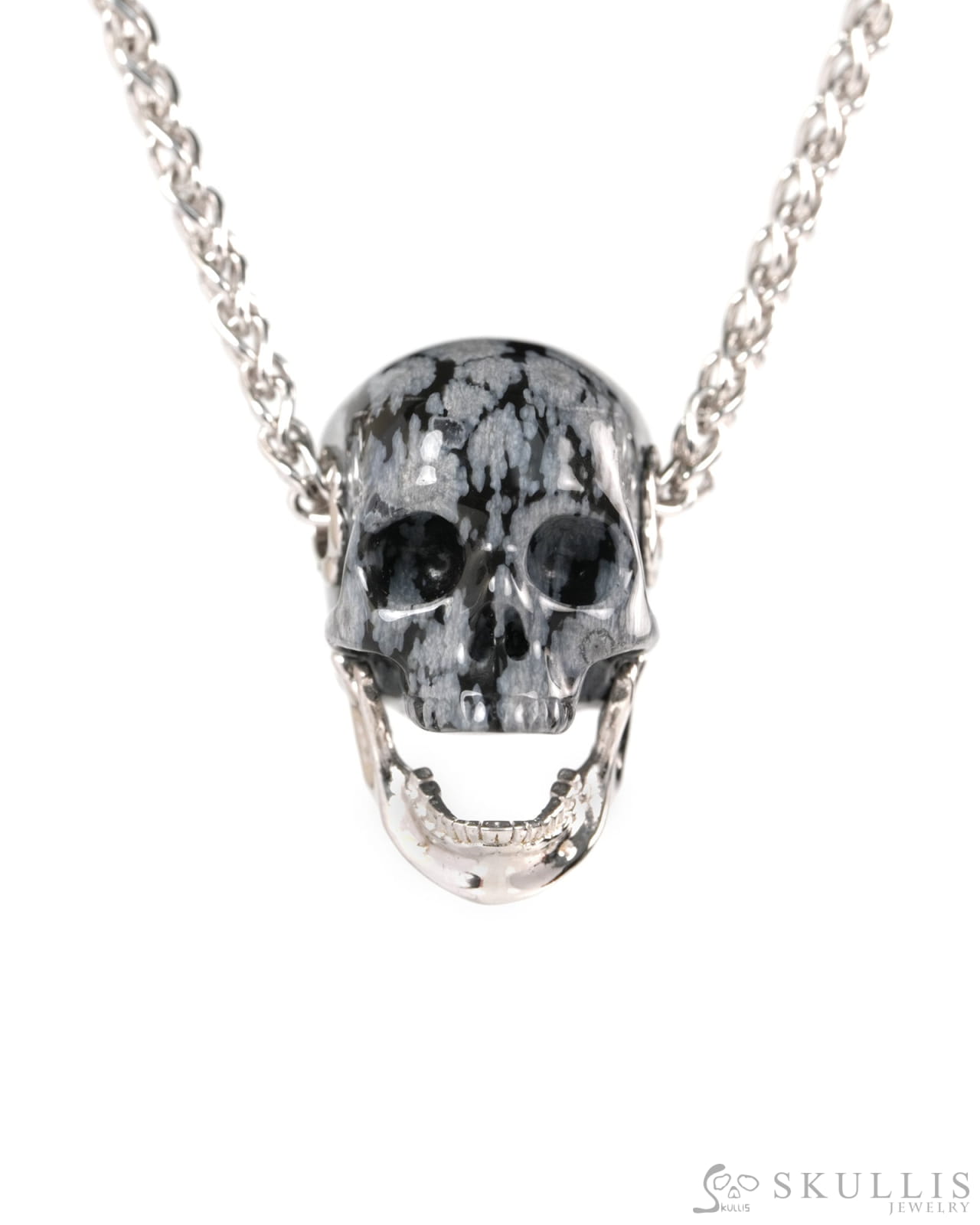 Gem Skull Pendant Necklace of Snowflake Obsidian Hand Carved Skull with Movable Jaw in 925 Sterling Silver - ZR19900146