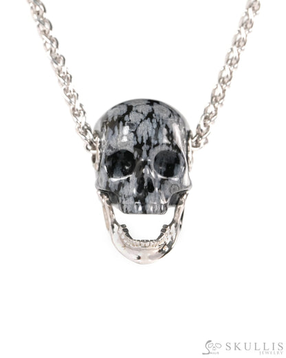 Gem Skull Pendant Necklace of Snowflake Obsidian Hand Carved Skull with Movable Jaw in 925 Sterling Silver - ZR19900146